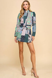 Abstract Print High Neckline Cropped Jacket