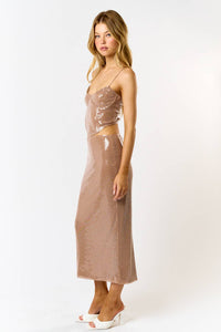 LACE UP SEQUIN CORSET TOP W/ MAXI SKIRT