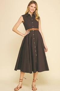 SOLID SLEEVELESS BELTED MIDI DESS