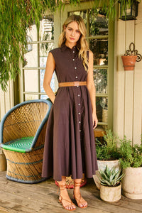 SOLID SLEEVELESS BELTED MIDI DESS