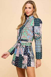 Abstract Print High Neckline Cropped Jacket