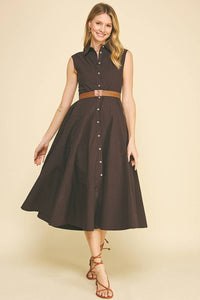 SOLID SLEEVELESS BELTED MIDI DESS