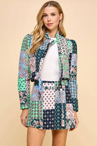 Abstract Print High Neckline Cropped Jacket