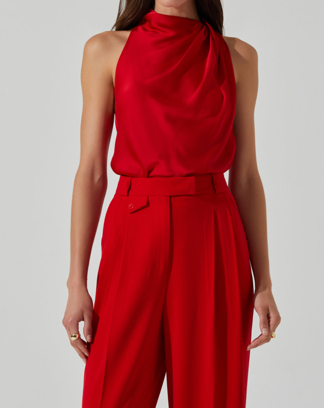 Satin Red Drape Front Blouse