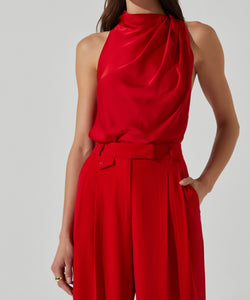 Satin Red Drape Front Blouse