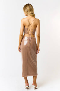 LACE UP SEQUIN CORSET TOP W/ MAXI SKIRT