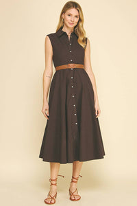 SOLID SLEEVELESS BELTED MIDI DESS