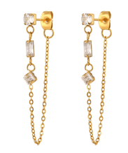 Load image into Gallery viewer, Chain Earring - 3 CZ station Chain Stainless Steel 14K Gold - Kirk and VessHoopLa Style
