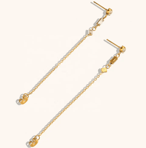 Chain Earring - 3 CZ station Chain Stainless Steel 14K Gold - Kirk and VessHoopLa Style