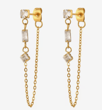 Load image into Gallery viewer, Chain Earring - 3 CZ station Chain Stainless Steel 14K Gold - Kirk and VessHoopLa Style
