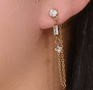 Chain Earring - 3 CZ station Chain Stainless Steel 14K Gold - Kirk and VessHoopLa Style