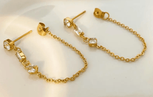 Load image into Gallery viewer, Chain Earring - 3 CZ station Chain Stainless Steel 14K Gold - Kirk and VessHoopLa Style
