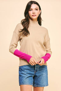 COLOR BLOCK MOCK NECK SWEATER - TAUPE PINK - Kirk and VessPINCH