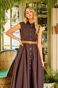 SOLID SLEEVELESS BELTED MIDI DESS