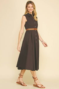 SOLID SLEEVELESS BELTED MIDI DESS