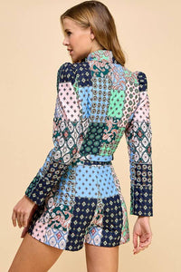 Abstract Print High Neckline Cropped Jacket