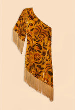 Load image into Gallery viewer, Farm Rio Golden Yellow Velvet One Shoulder Fringe Dress
